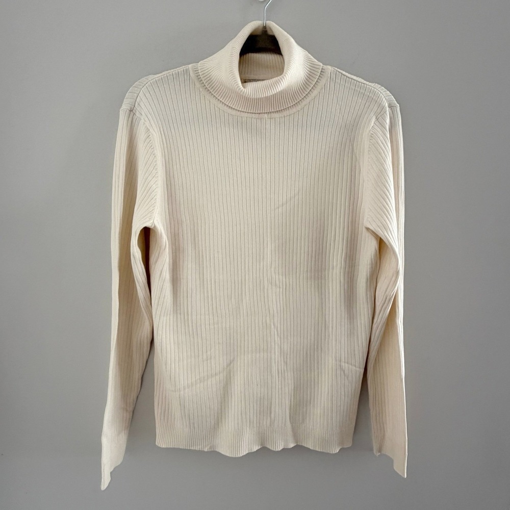 Chicos Silk Blend Ribbed Turtleneck Sweater Cream Off White Size 1 Med Classic